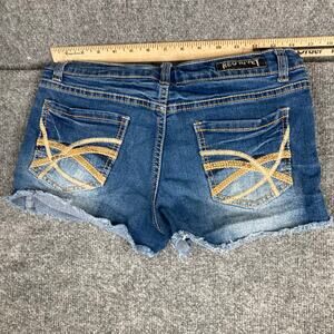 Red Rivet Jean Shorts Womens Size 7 Blue Distressed Frayed Hem Cutoff Denim